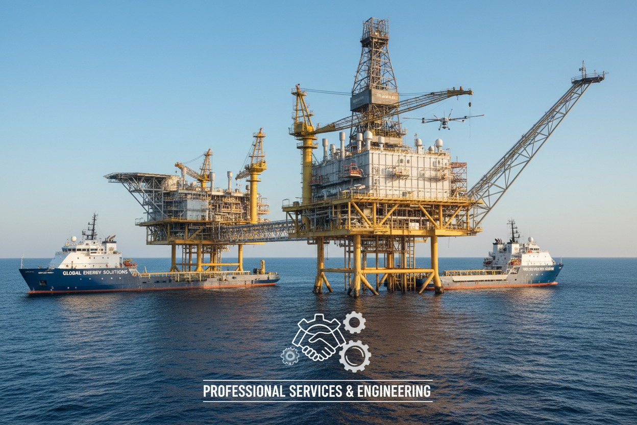 Two large offshore oil platforms stand in the ocean, flanked by support vessels, under a clear sky.