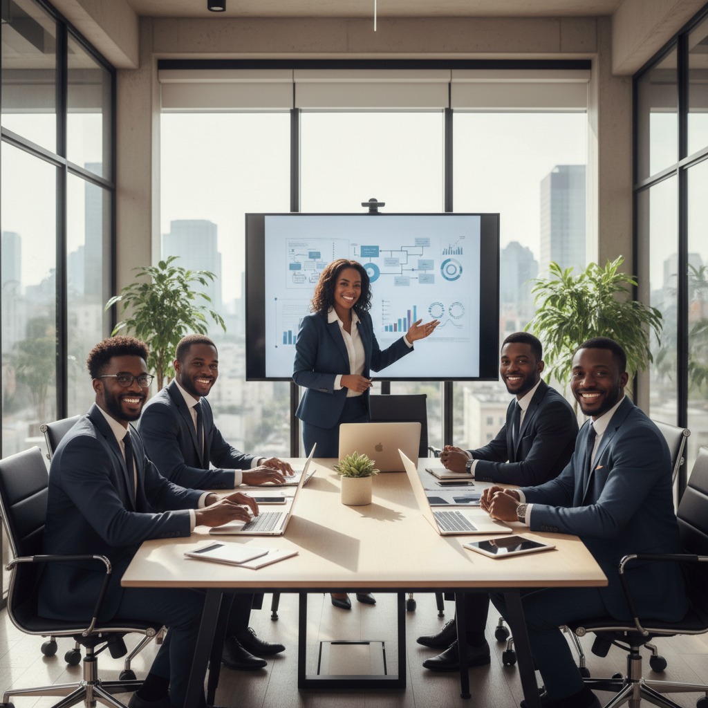 A diverse team of five business professionals smile at the camera around a conference table while a woman in the center gestures toward a presentation screen.