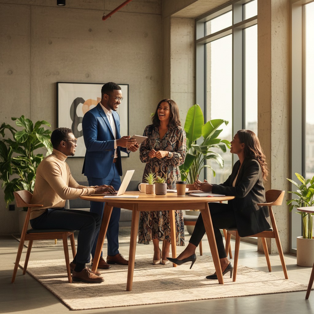 Four business professionals collaborate around a wooden table in a sunlit, modern office.