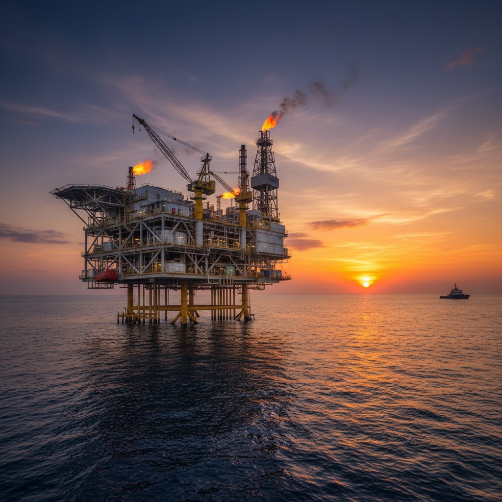 An oil and gas platform stands in the middle of the ocean during a vibrant sunset with a ship visible in the distance.